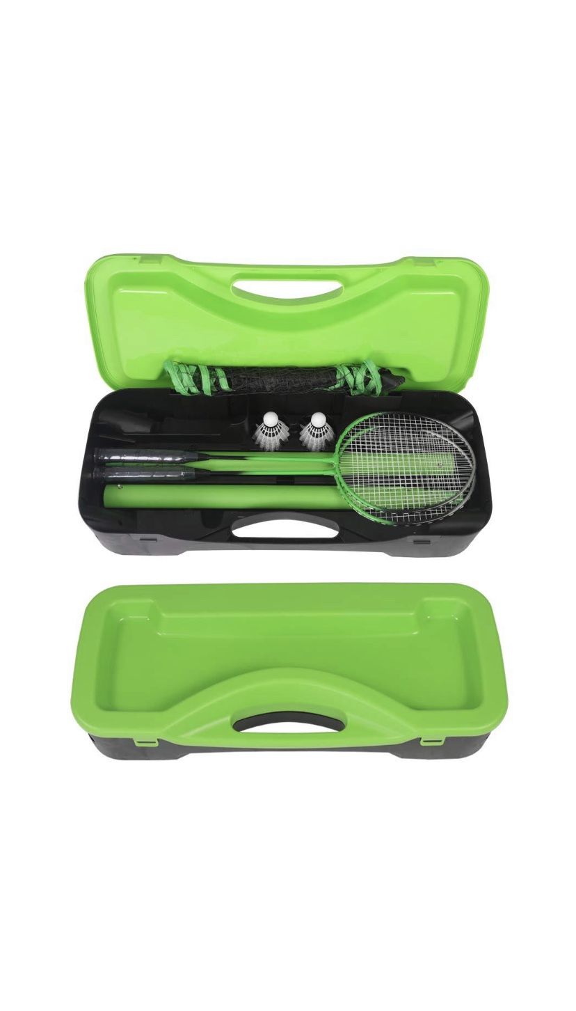 Portable Badminton Net Set Storage Box Base with 2 Battledores 2 Shuttlecocks Large, Green