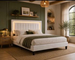 Full bed Velvet Bed Frame with LED Light, White Adjustable Vertical Channel Tufted Headboard, Strong Wooden Slats Support, Noise-Free, No Box Spring N