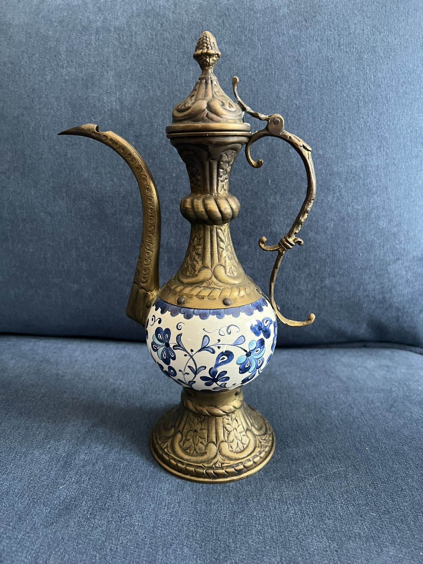 Middle Eastern Brass Ewer with blue and white ceramic Porcelain floral detail
