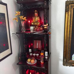 Rosewood Altar with Decorative Items / Rosewood 3-layer buddha cabinets. H: 82" W: 26" D: 16"