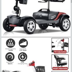 4 Wheel Mobility Scooter - Lightweight, Foldable Electric Mobbility Scooter for Adults, Seniors with Long Range Battery, Shock Absorbing, Basket, Car 