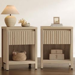 Fluted Night Stand Set of 2, Farmhouse Nightstands with Drawer Boho Bedside Table with Storage Shelf, Large End Tables Bed Side Tables for Bedroom, Li