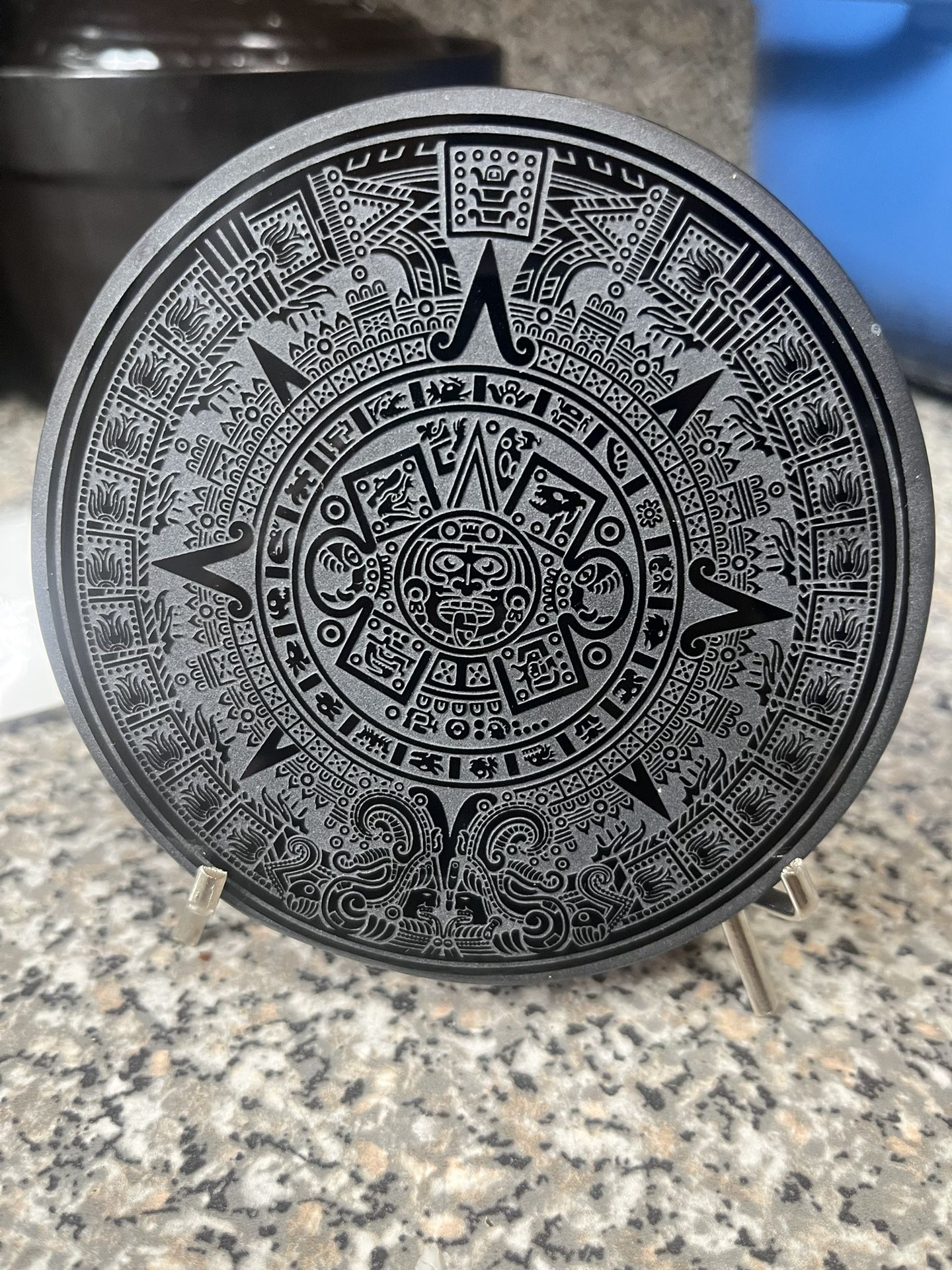 Black Obsidian Aztec Calendar & Mirror Art Piece  