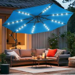 10ft Solar LED Offset Patio Umbrella, Outdoor Cantilever Patio Umbrellas with Solar Lights for Backyard, Poolside and Garden, Easy Tilt Adjustment, 32