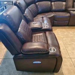 -Brown Leather Sectional Sofa With Power Reclining Seats-