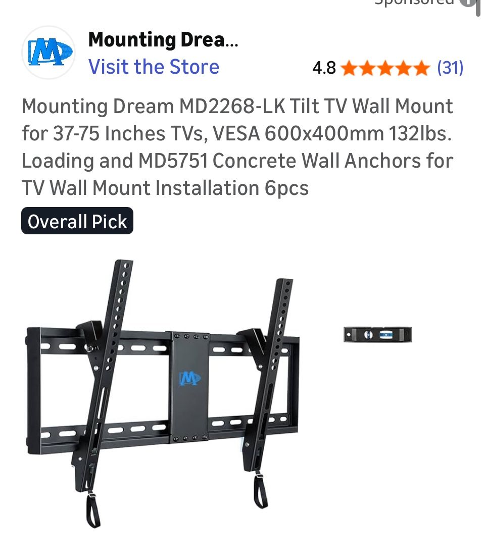 Mounting Dream MD2268-LK Tilt TV Wall Mount for 37-75 Inches TVs, VESA 600x400mm 132lbs. Loading and MD5751 Concrete Wall Anchors for TV Wall Mount In