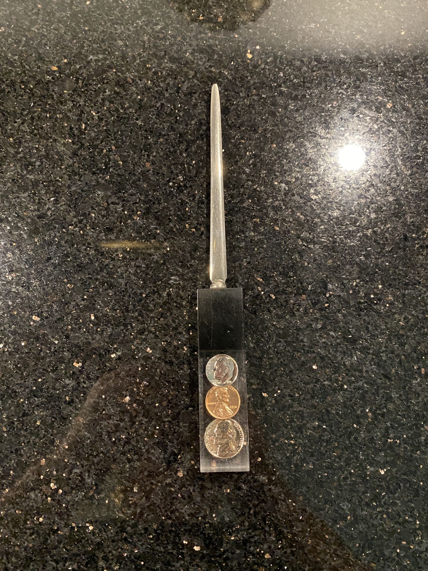 Vintage Lucite letter Opener 9” w/1976 Bicentennial US Coins Dime Penny Nickel