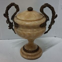 RARE Vintage Solid Marble Albaster stone and Brass Urn Centerpiece 11.5”