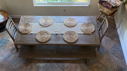 : Living Spaces "Caden" Solid Wood Dining Table Set - Table, 2 Bench