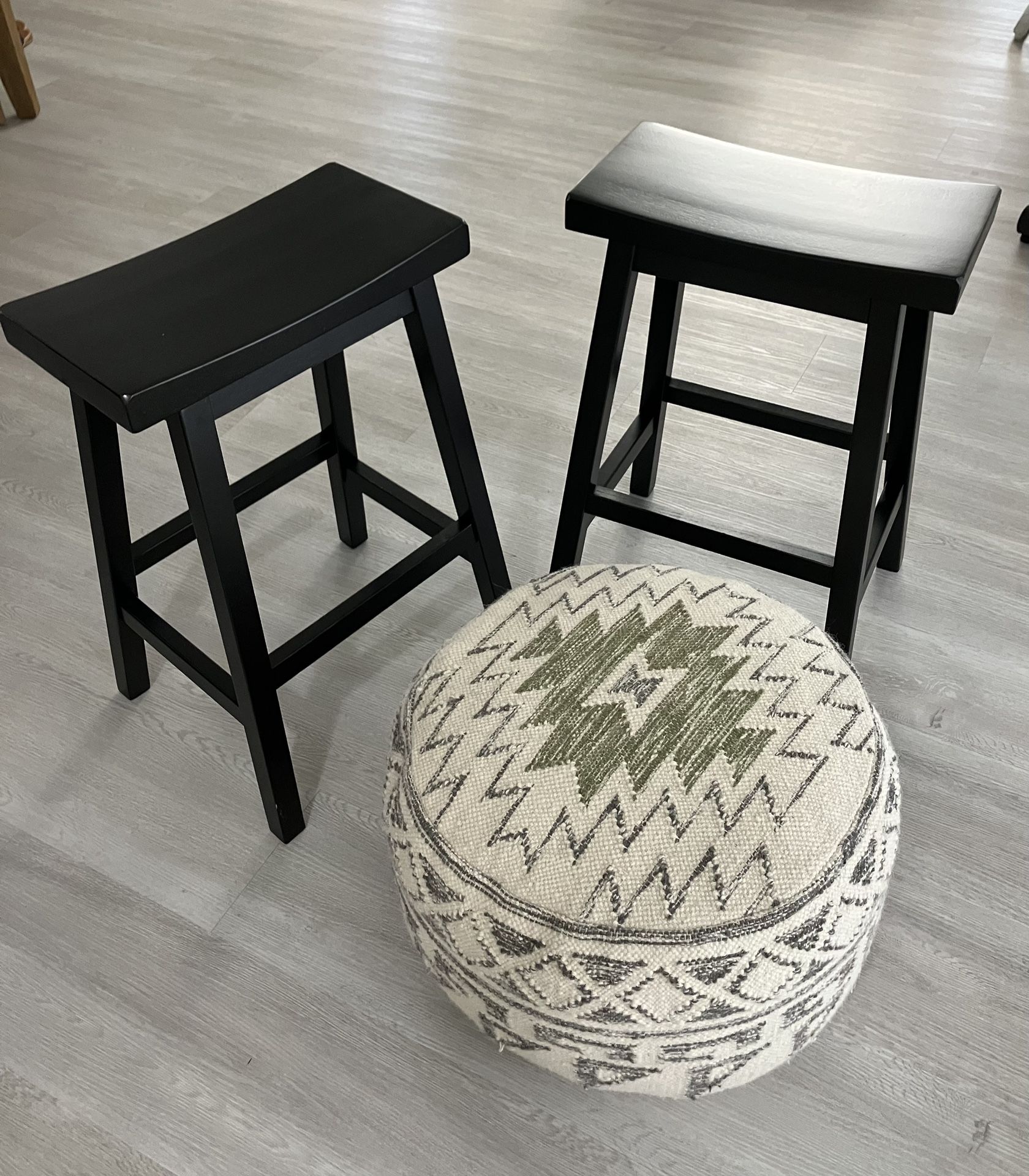 Ottoman and 2 Bar Stools