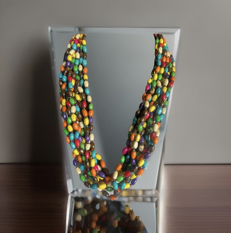 Artisan Handknotted Wood Torsade Necklace Multicolor Beaded Jewelry 25 in Bali