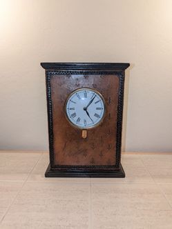Vintage Sarreid Ltd. Leather Mantel Clock | Embossed Fleur-de-Lis Desk Clock, India