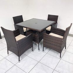 Brand New $250 (5pcs) Wicker Dining Set Outdoor Patio Furniture 35x35” Glass Table with Umbrella Cutout, 4 Chairs