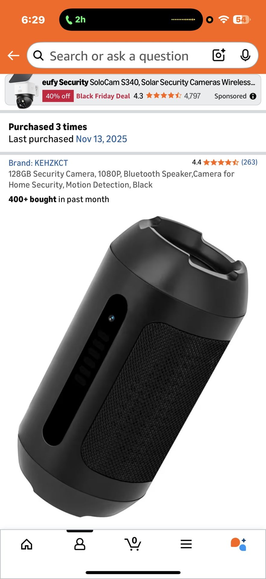 128GB Security Camera, 1080P, Bluetooth Speaker,Camera for Home Security, Motion Detection, Black