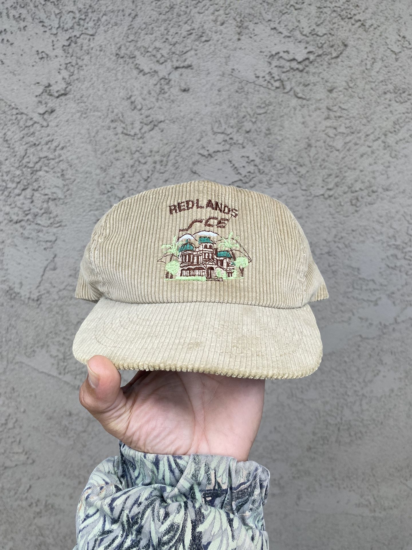 Vintage 1980s Redlands SCE Beige Corduroy SnapBack Hat Made In USA 