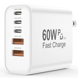 USB C Charger Block, 5 in 1 60W Charging Blocks, PD 3.0 25W Single Max Fast Charger, QC 2A USB Wall Charger for iPhone 16 15 14 13 12 11 Pro Max, iPad