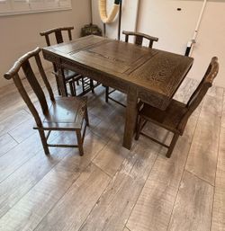Vintage Chinese Style Carved Tea Table & 4 Chairs – 5 Piece Set