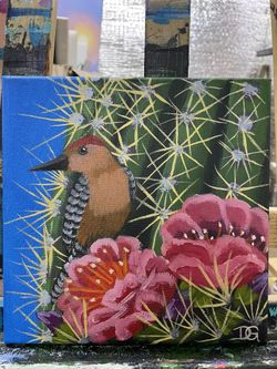 Cactus Bird With Flowers Art Painting
