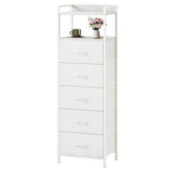 White Tall Night Stand for Bedroom,Tall 5 Drawers Dresser, Vertical Storage Tower Unit, Nightstand Furniture with Fabric Drawer Organizer in Bedside K