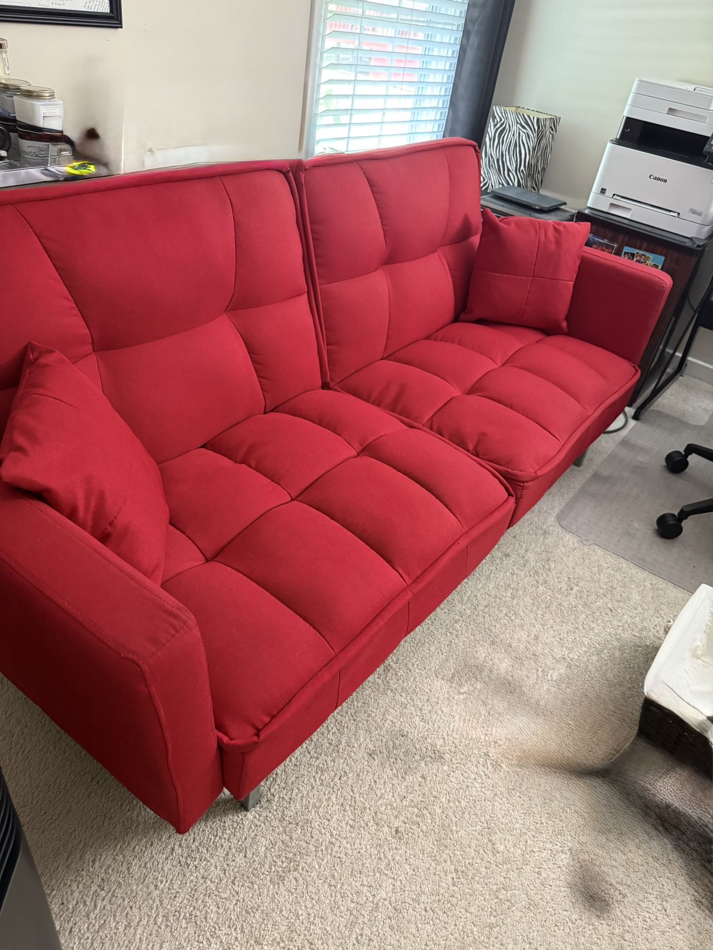 Red Futon Couch W/ pillows