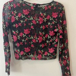 Forever 21 Black sheer long sleeved shirt w/ floral embroidery. Size L