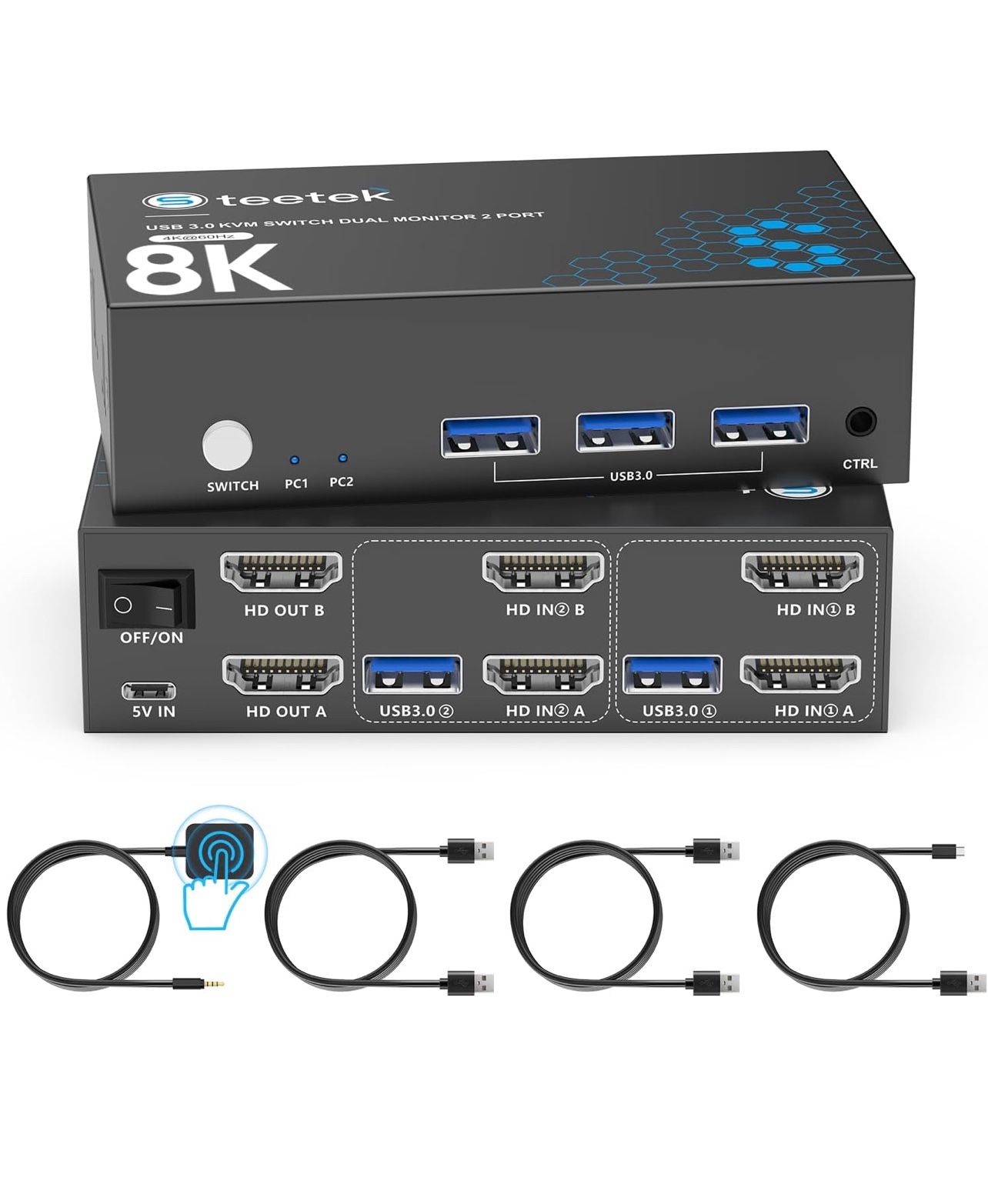 8K HDMI KVM Switch 2 Monitors 2 Computers, 8K@60Hz Dual KVM Switch for 2 Computers Sharing 2 Monitors, Keyboard, Mouse, Hard Drives, Printer, with EDI