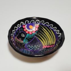 Mini Mexican Folk Art Pottery Bowl Bird