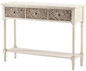 White Wood Console Table with Carved Drawers