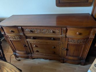 Antique hand carved solid oak wood buffet / dresser