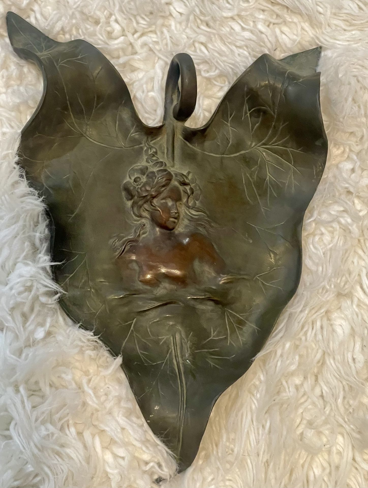 Bronze Art Nouveau Woman Leaf Sculpture