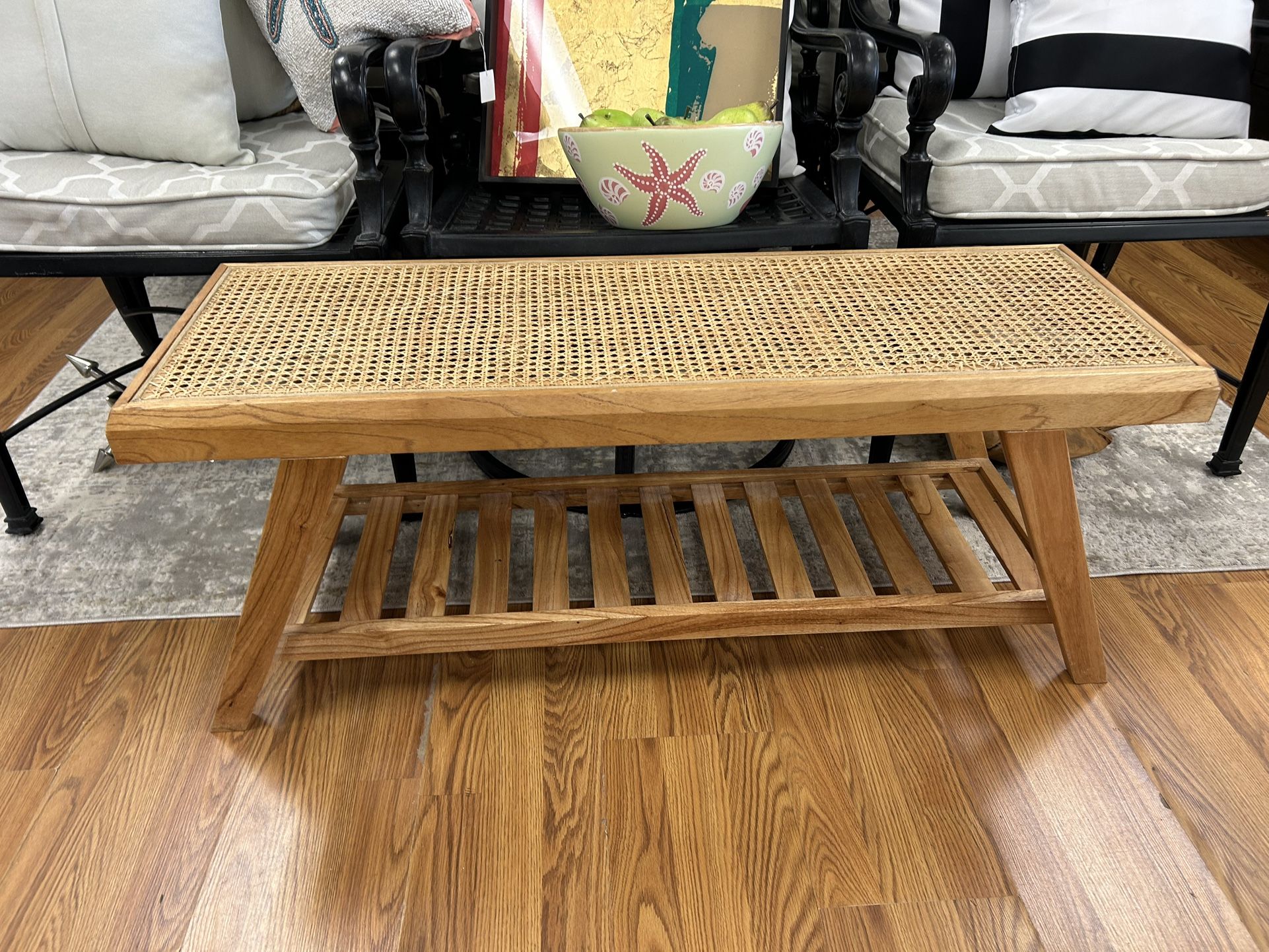 Farmhouse Rattan Shoe Storage Bench - Entryway Shoe Rack with Seat 43”