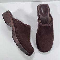 J. Crew Vintage Dark Chocolate Brown Suede Y2K 90s Wood Clog Mules Women Size 9