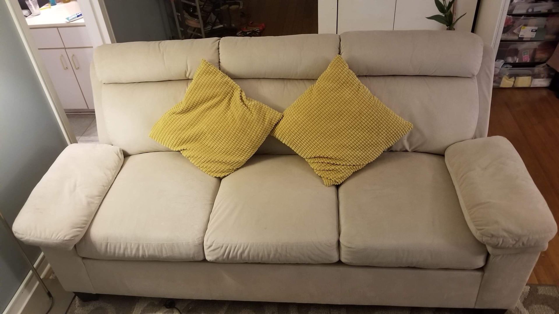 Beige Couch & Pillows - 79” x 37.5” x 38”