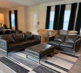 Dark Grey Leather Sofa Set with Ottoman