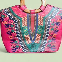 Vibrant Red/Multicolor African Print Tote Bag - Satchel w/ Lovely Wooden Handles