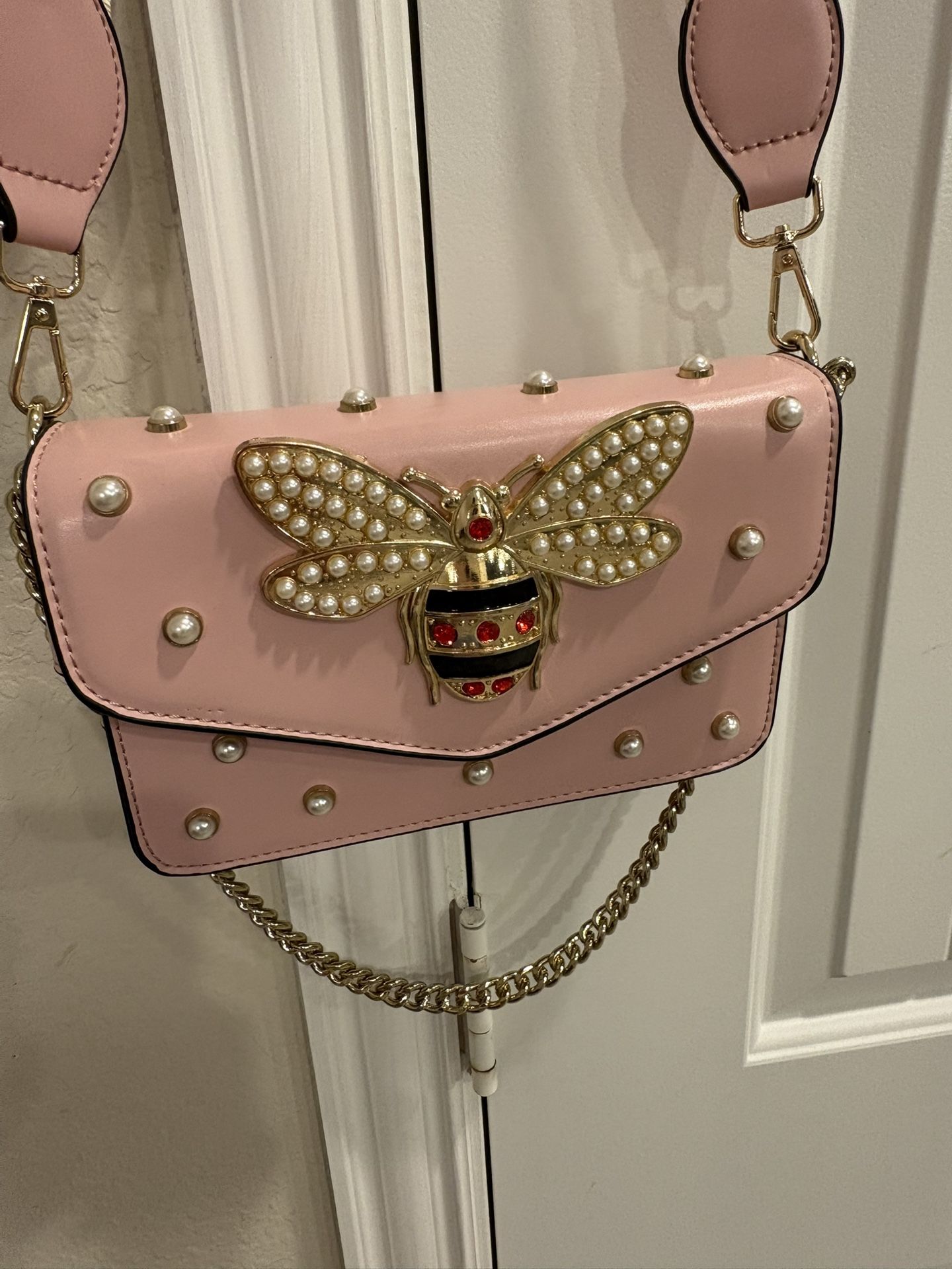 Fashion Designer Dupe Pink Crossbody Bag with Bejeweled Bee,All Products : American Fashion Style Bags On Sale