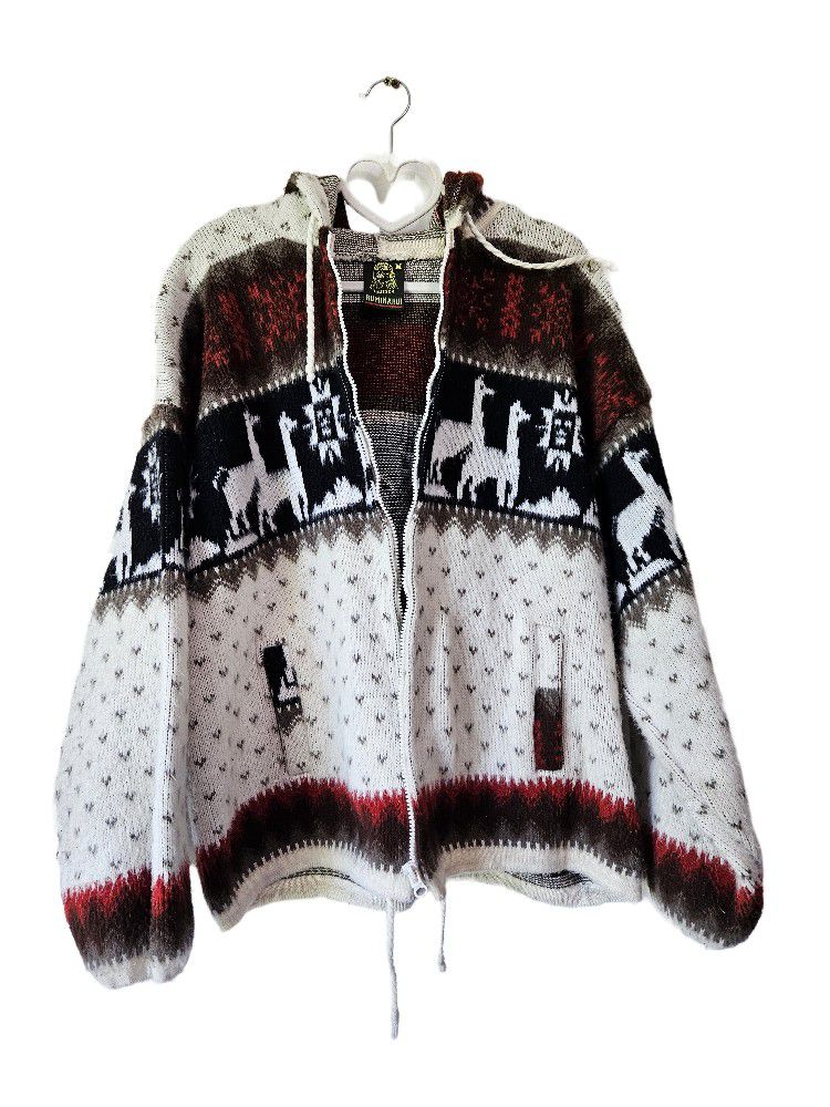 Vintage TEJIDOS RUMINAHUI Alpaca Wool Jacket Mens Medium Full Zip Sweater Hooded