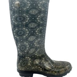 UGG Womens Rubber Round Toe Slip On Paisley Blue Rain Boots Size USA 10