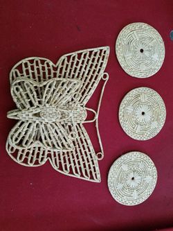 3 wicker butterfly Hot Plate Trivets with holder