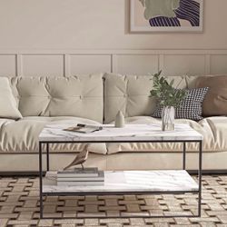 35” Marble Coffee Table, Faux Marble Top Rectangular Coffee Table