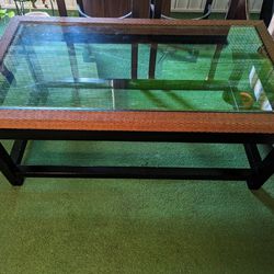  Black Wood and Wicker Glass Coffee Table
