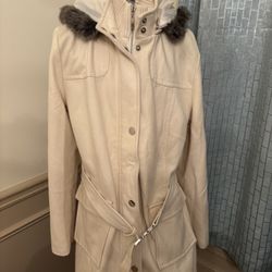 Charter Club Cream Wool Coat with Detachable Faux Fur Trim Hood