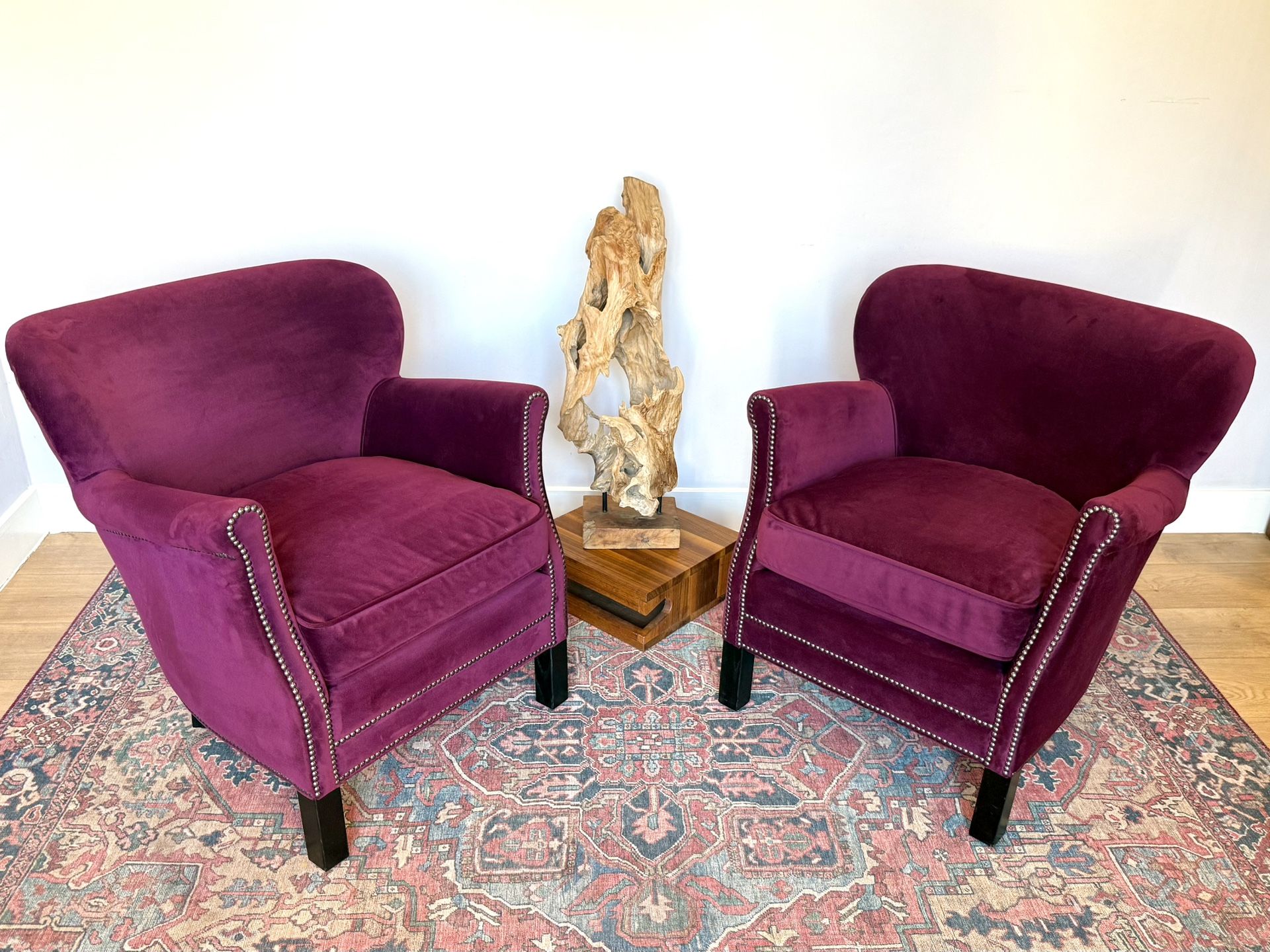 Plum Velvet Club Chairs (Pair) – Nailhead Trim
