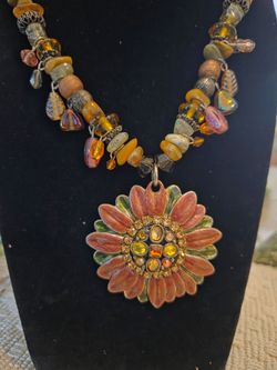Chico's Multi color metal/glass bead Enamel Flower Pendant Necklace