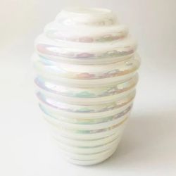 Large Ribbed White Iridescent Hand Blown Honeycomb Cambridge Glass Vase
