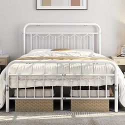 Full Size Metal Bed Frames with Vintage Headboard and Footboard, Farmhouse Metal Platform Bed, Heavy Duty Steel Slat Support, Ample Under-Bed Storage,