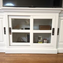 60 Inch White TV Stand With Storage And Shelves. Wood / Glass 