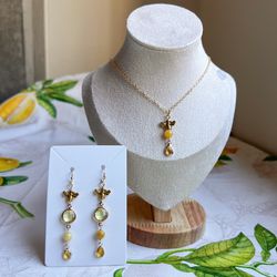 Bee Jewelry Set, Citrine, Honey Amber Yellow Jade, Fun Necklace Earrings 
