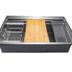 AKDY Handmade Drop-In 33 in. x 22 in. Single Bowl Stainless Steel Workstation Kitchen Sink with Accessories
