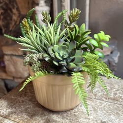 Ht-8in Width-10in Handmade Artificial Cactus In A Yellowish Tan Ceramic Container
